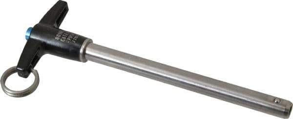 Jergens - 3/8" Diam, 4" Usable Length, T Handle, Push Button Quick Release Pin - 5-7/8" Overall Length, Grade 17-4 Stainless Steel, Passivated Finish - Industrial Tool & Supply