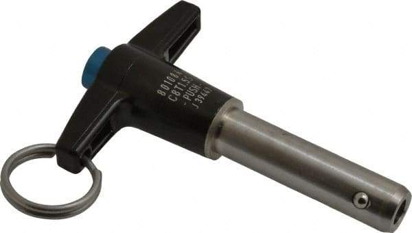 Jergens - 1/2" Diam, 1-1/2" Usable Length, T Handle, Push Button Quick Release Pin - 3-5/8" Overall Length, Grade 17-4 Stainless Steel, Passivated Finish - Industrial Tool & Supply