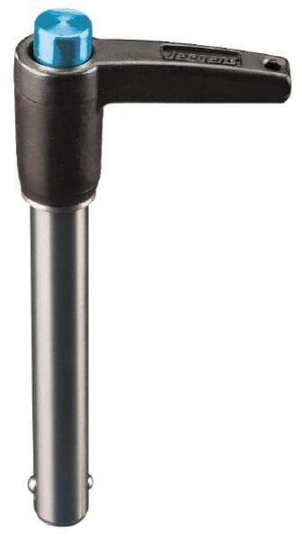 Jergens - 3/4" Diam, 4" Usable Length, L Handle, Push Button Quick Release Pin - 6-1/2" Overall Length, Grade 17-4 Stainless Steel, Passivated Finish - Industrial Tool & Supply