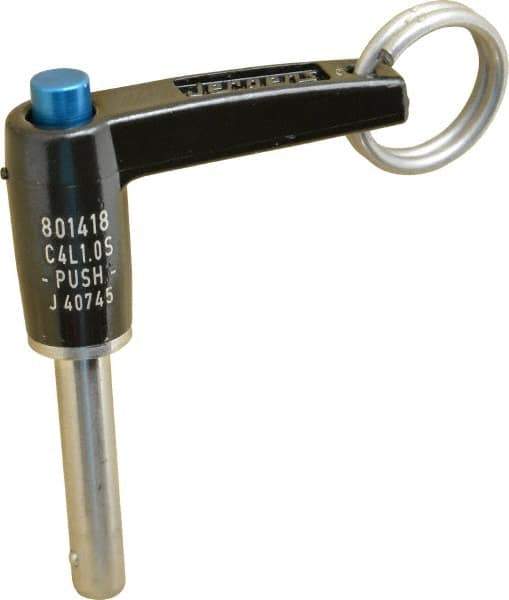 Jergens - 1/4" Diam, 1" Usable Length, L Handle, Push Button Quick Release Pin - 2-1/2" Overall Length, Grade 17-4 Stainless Steel, Passivated Finish - Industrial Tool & Supply