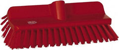 Vikan - 1-1/2" Bristle Length, Polyester Cleaning & Finishing Brush - 9-5/8" Long x 5" Wide Head, 10" OAL, European Threaded Handle, Red, Polypropylene Block - Industrial Tool & Supply