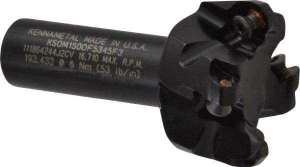 Kennametal - 47° Lead Angle, 1.8560" Max Cut Diam, 1-1/2" Min Cut Diam, 0.138" Max Depth of Cut, Indexable Chamfer & Angle End Mill - 4 Inserts, OF.T 53AF.N.. Insert Style, 77.4mm OAL, Straight Shank - Industrial Tool & Supply