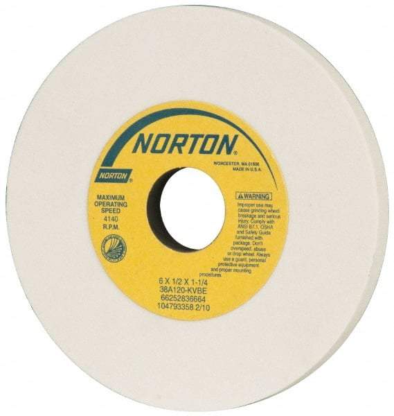 Norton - 6" Diam x 1-1/4" Hole x 1/2" Thick, K Hardness, 120 Grit Surface Grinding Wheel - Aluminum Oxide, Type 1, Fine Grade, 4,140 Max RPM, Vitrified Bond, No Recess - Industrial Tool & Supply