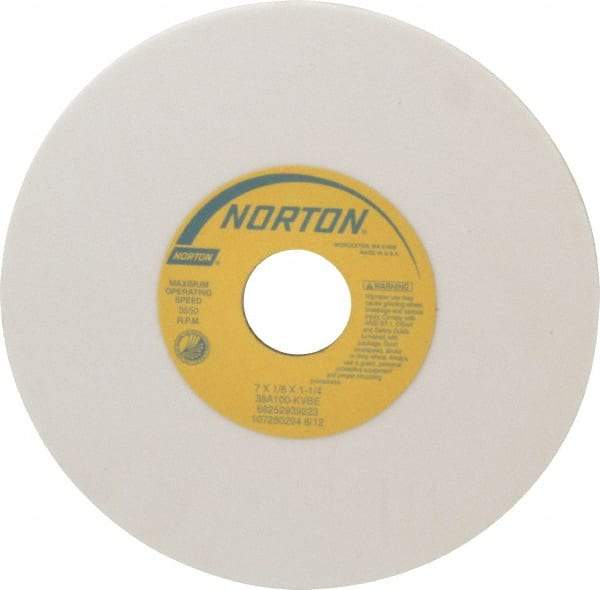 Norton - 7" Diam x 1-1/4" Hole x 1/8" Thick, K Hardness, 100 Grit Surface Grinding Wheel - Aluminum Oxide, Type 1, Fine Grade, 3,550 Max RPM, Vitrified Bond, No Recess - Industrial Tool & Supply