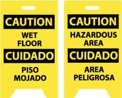 NMC - Caution - Wet Floor, Caution - Hazardous Area, 12" Wide x 20" High, Plastic Floor Sign - English/Spanish, A-Frame, Black on Yellow, For Restroom, Janitorial & Housekeeping - Industrial Tool & Supply
