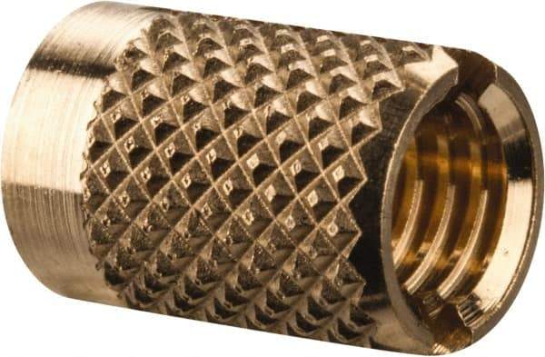 E-Z LOK - M5x0.80 Metric Coarse Brass Flush Press Fit Threaded Insert for Plastic - 3/8" OAL, 0.262" Insert Diam, 1/4" Hole Diam, 1/4" Drill - Industrial Tool & Supply