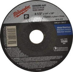 Milwaukee Tool - 24 Grit, 4-1/2" Wheel Diam, 1/4" Wheel Thickness, 7/8" Arbor Hole, Type 27 Depressed Center Wheel - Aluminum Oxide, Resinoid Bond, R Hardness, 13,580 Max RPM, Compatible with Angle Grinder - Industrial Tool & Supply