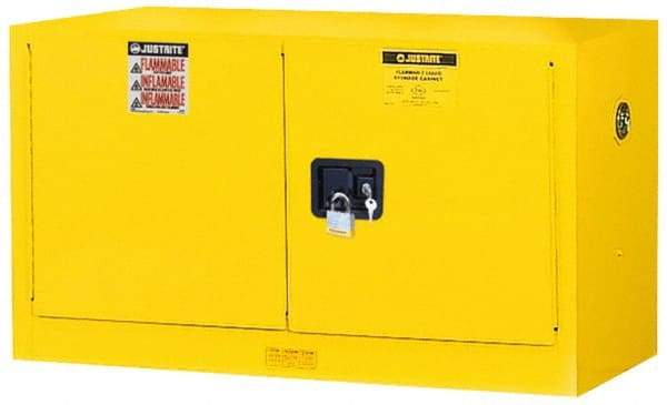Justrite - 2 Door, 1 Shelf, Yellow Steel Stackable Safety Cabinet for Flammable and Combustible Liquids - 24" High x 43" Wide x 18" Deep, Self Closing Door, 17 Gal Capacity - Industrial Tool & Supply