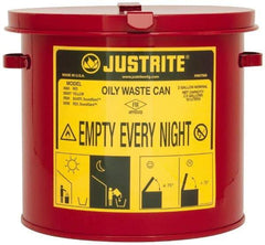 Justrite - 2 Gallon Capacity, Galvanized Steel Oily Waste Can - 9-5/8 Inch Wide/Diameter x 9-1/8 Inch High, Red, Hand Operated, Approved FM - Industrial Tool & Supply