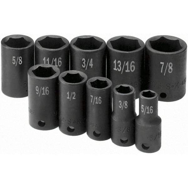 SK - 3/8" Drive Semi-Deep Impact Socket Set - 5/16 to 7/8", Inch Measurement Standard - Industrial Tool & Supply
