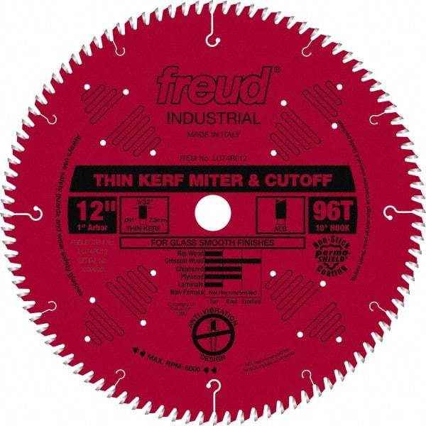 Freud - 12" Diam, 1" Arbor Hole Diam, 96 Tooth Wet & Dry Cut Saw Blade - Carbide-Tipped, Standard Round Arbor - Industrial Tool & Supply