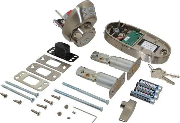 Master Lock - 1-3/8 to 1-3/4" Door Thickness, Satin Nickel Finish, Keyless Deadbolt - Nightwatch Override, Single Cylinder - Industrial Tool & Supply