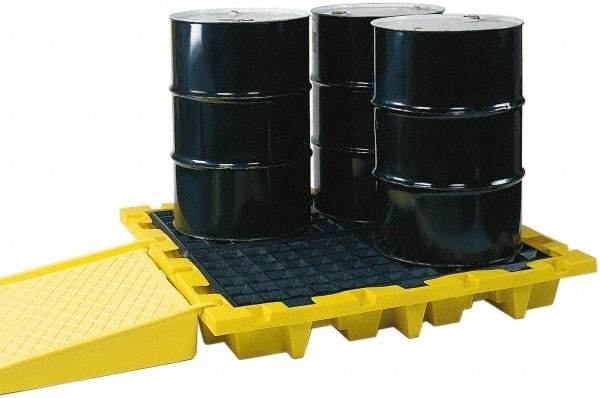 Eagle - 66 Gal Sump, 6,000 Lb Capacity, 4 Drum, Polyethylene Spill Deck or Pallet - 58-1/2" Long x 58-1/2" Wide x 13.43" High, Yellow, Liftable Fork, Drain Included, Low Profile, Vertical, 2 x 2 Drum Configuration - Industrial Tool & Supply