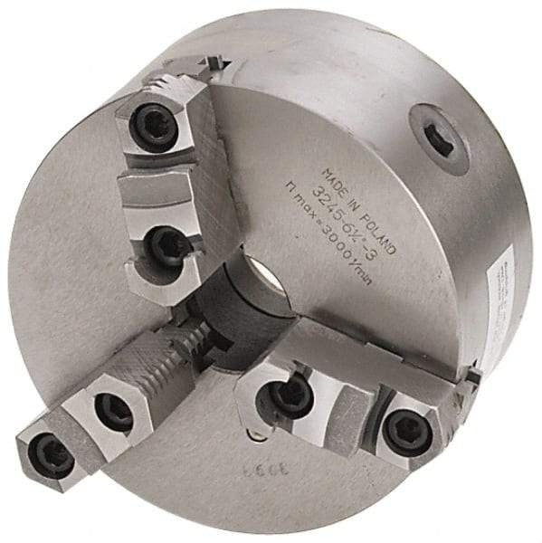 Bison - 3 Jaws, 6" Diam, Self Centering Manual Lathe Chuck - D1-5 Mount Spindle, Reversible, 4,500 Max RPM, 1.6535" Through Hole Diam, 0.0008" Axial Runout, 0.0012" Radial Runout, Forged Steel - Industrial Tool & Supply