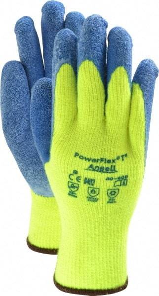 Ansell - Size L (9) Rubber Coated Thermal Terry Cold Protection Work Gloves - For General Purpose, Palm & Fingers Coated, Knit Wrist Cuff, Full Fingered, Yellow/Blue, Paired - Industrial Tool & Supply