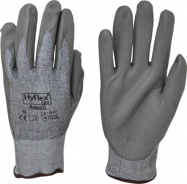 Ansell - Size L (9), ANSI Cut Lvl 2, Abrasion Lvl 6, Polyurethane Coated Cut Resistant Gloves - 10.5" Long, Palm & Fingers Coated, Dyneema/Lycra Lining, Knit Wrist, Gray/Gray, Paired - Industrial Tool & Supply
