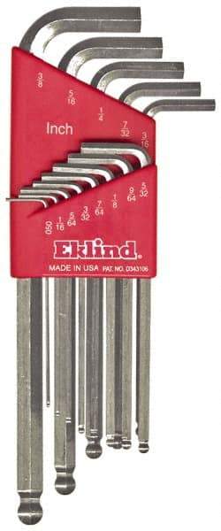 Eklind - 13 Piece L-Key Ball End Hex Key Set - Hex Range 0.05 to 3/8", Alloy Steel - Industrial Tool & Supply
