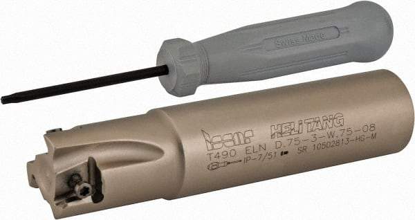 Iscar - 3/4" Cut Diam, 0.315" Max Depth of Cut, 3/4" Shank Diam, 3.38" OAL, Indexable Square Shoulder Helical End Mill - T490 LN.T 0804 Inserts, Weldon Shank, 90° Lead Angle, Series Helitang - Industrial Tool & Supply
