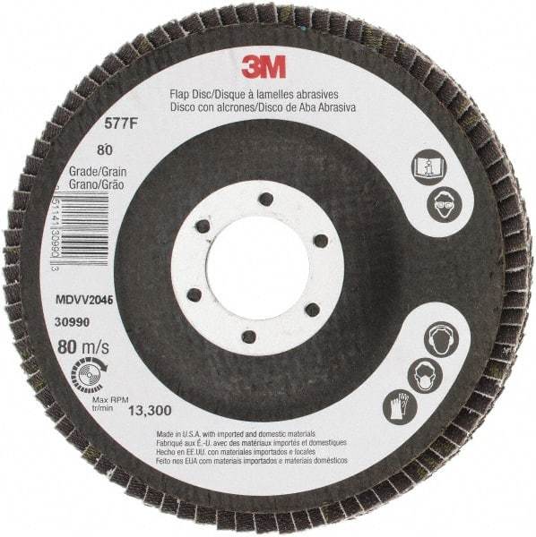 3M - 80 Grit, 4-1/2" Disc Diam, 7/8" Center Hole, Type 29 Zirconia Alumina Flap Disc - 13,300 Max RPM, Cloth Backing, Arbor Attaching System, Coated - Industrial Tool & Supply