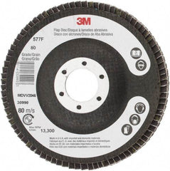 3M - 80 Grit, 4-1/2" Disc Diam, 7/8" Center Hole, Type 29 Zirconia Alumina Flap Disc - 13,300 Max RPM, Cloth Backing, Arbor Attaching System, Coated - Industrial Tool & Supply