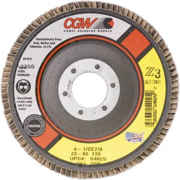Camel Grinding Wheels - 80 Grit, 4-1/2" Disc Diam, 7/8" Center Hole, Type 27 Zirconia Alumina Flap Disc - 13,300 Max RPM, Poly Cotton Backing, Arbor Attaching System, Coated - Industrial Tool & Supply