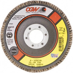 Camel Grinding Wheels - 60 Grit, 4-1/2" Disc Diam, 7/8" Center Hole, Type 27 Zirconia Alumina Flap Disc - 13,300 Max RPM, Poly Cotton Backing, Arbor Attaching System, Coated - Industrial Tool & Supply