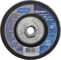 Norton - 80 Grit, 4-1/2" Disc Diam, 5/8-11 Center Hole, Type 29 Zirconia Alumina Flap Disc - 13,000 Max RPM, Fiberglass Backing, Arbor Attaching System, Coated - Industrial Tool & Supply