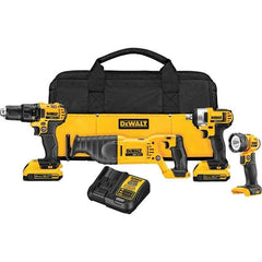 DeWALT - 20 Volt Cordless Tool Combination Kit - Includes 1/2" Drill/Driver, 1/2" Impact Wrench, Reciprocating Saw & Handheld Light, Lithium-Ion Battery Included - Industrial Tool & Supply