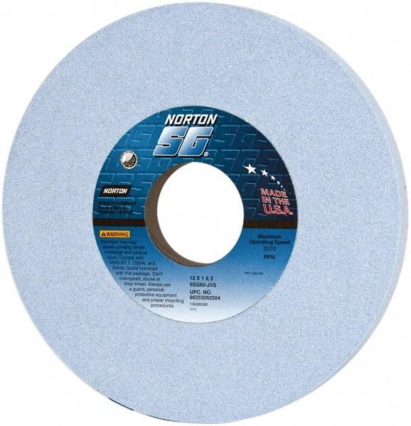 Norton - 12" Diam x 3" Hole x 1" Thick, J Hardness, 60 Grit Surface Grinding Wheel - Ceramic, Type 1, Medium Grade, 2,070 Max RPM, Vitrified Bond, No Recess - Industrial Tool & Supply