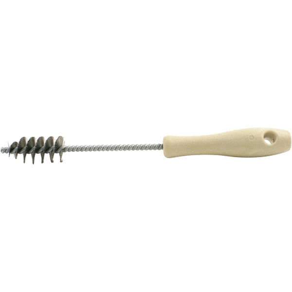 Brush Research Mfg. - 0.975" Diam Helical Stainless Steel Tube Brush - Single Spiral, 0.006" Filament Diam, 2" Brush Length, 10-1/2" OAL, 0.245" Diam Plastic Handle Shank - Industrial Tool & Supply