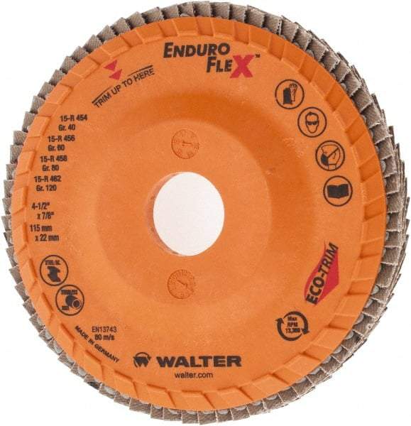 WALTER Surface Technologies - 40 Grit, 4-1/2" Disc Diam, 7/8" Center Hole, Zirconia Alumina Flap Disc - 13,300 Max RPM, Plastic Backing, Arbor Attaching System, Coated - Industrial Tool & Supply