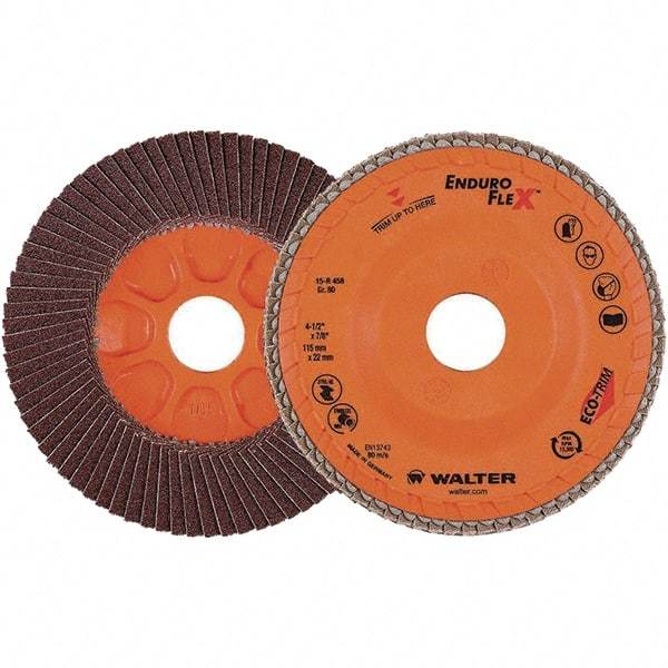 WALTER Surface Technologies - 80 Grit, 4-1/2" Disc Diam, 7/8" Center Hole, Zirconia Alumina Flap Disc - 13,300 Max RPM, Plastic Backing, Arbor Attaching System, Coated - Industrial Tool & Supply