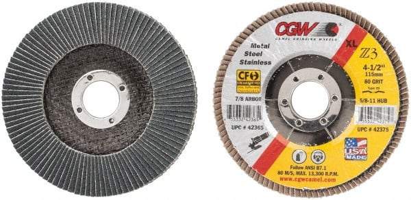 Camel Grinding Wheels - 80 Grit, 4-1/2" Disc Diam, 7/8" Center Hole, Type 29 Zirconia Alumina Flap Disc - 13,300 Max RPM, Poly Cotton Backing, Arbor Attaching System, Coated - Industrial Tool & Supply