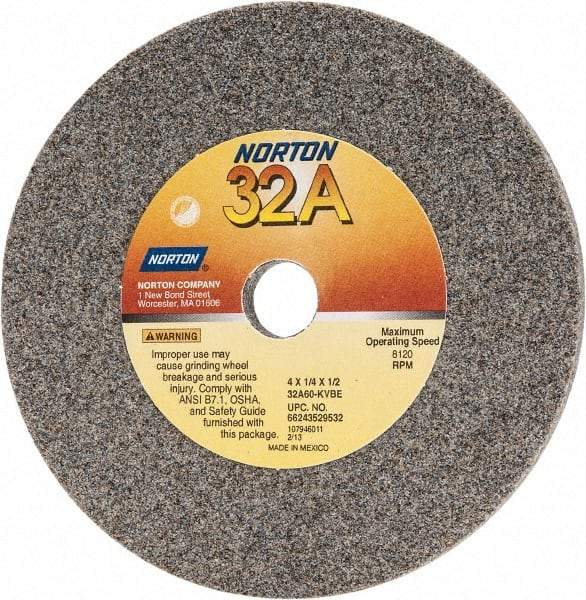 Norton - 60 Grit Aluminum Oxide Type 1 Internal Grinding Wheel - 4" Diam x 1/2" Hole x 1/4" Thick, 8,120 Max RPM, Type 1 Medium Grade, K Hardness, Vitrified Bond - Industrial Tool & Supply