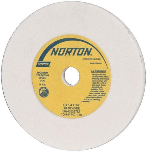 Norton - 100 Grit Aluminum Oxide Type 1 Internal Grinding Wheel - 4" Diam x 1/2" Hole x 1/4" Thick, 8,120 Max RPM, Type 1 Fine Grade, I Hardness, Vitrified Bond, No Recess - Industrial Tool & Supply