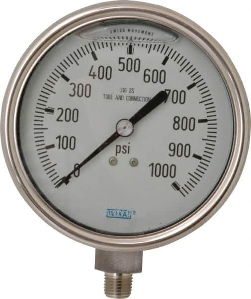 Wika - 4" Dial, 1/4 Thread, 0-1,000 Scale Range, Pressure Gauge - Lower Connection Mount, Accurate to 1% of Scale - Industrial Tool & Supply
