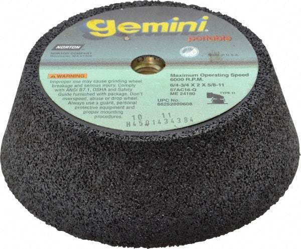 Norton - 6" Diam, 2" Overall Thickness, 16 Grit, Type 11 Tool & Cutter Grinding Wheel - Very Coarse Grade, Aluminum Oxide/Silicon Carbide Blend, Q Hardness, 6,000 RPM - Industrial Tool & Supply