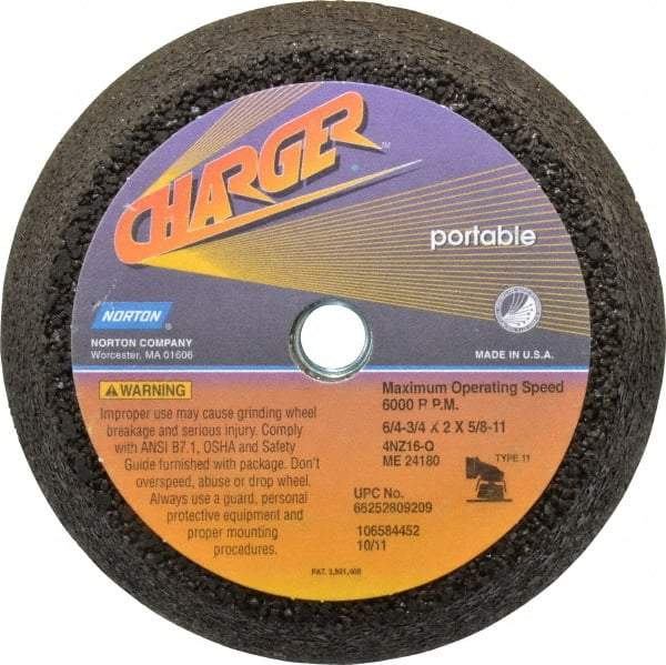 Norton - 6" Diam, 2" Overall Thickness, 16 Grit, Type 11 Tool & Cutter Grinding Wheel - Very Coarse Grade, Zirconia Alumina, Q Hardness, 6,000 RPM - Industrial Tool & Supply