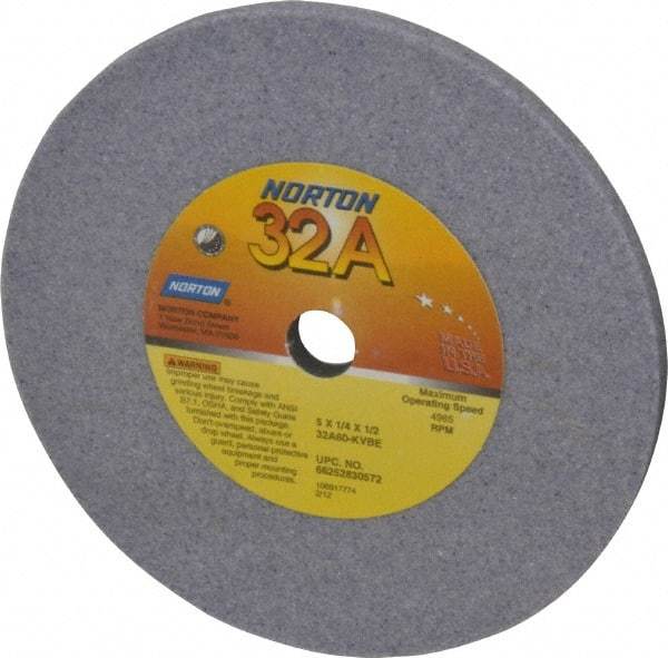 Norton - 60 Grit Aluminum Oxide Type 1 Internal Grinding Wheel - 5" Diam x 1/2" Hole x 1/4" Thick, 4965 Max RPM, Type 1 Medium Grade, K Hardness, Vitrified Bond, No Recess - Industrial Tool & Supply