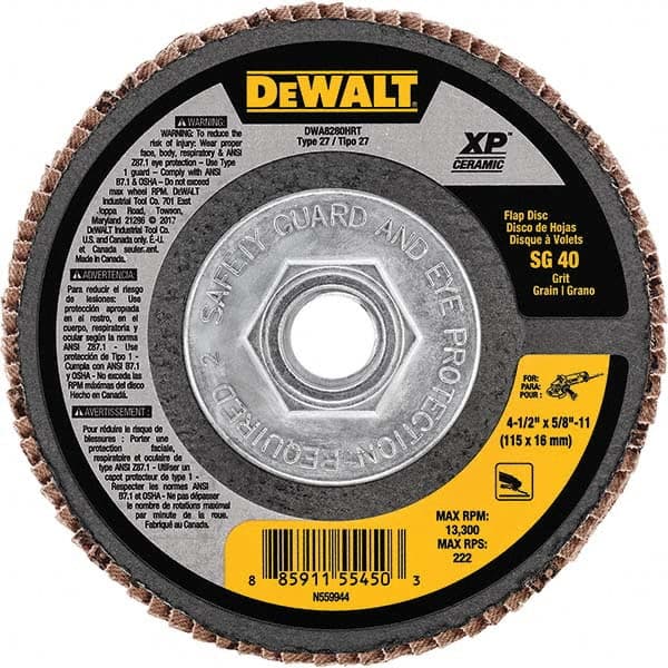 DeWALT - 4-1/2" 40 Grit 5/8-11 Center Hole Type 27 Ceramic Flap Disc - Industrial Tool & Supply