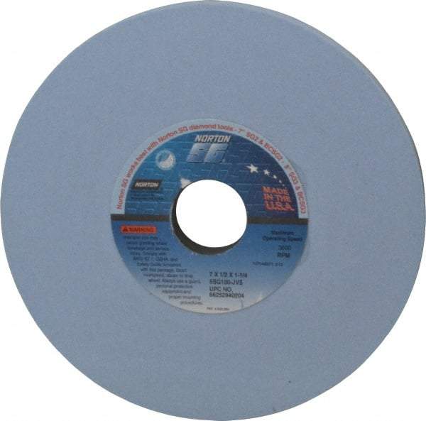 Norton - 7" Diam x 1-1/4" Hole x 1/2" Thick, J Hardness, 100 Grit Surface Grinding Wheel - Ceramic, Type 1, Fine Grade, 3,600 Max RPM, Vitrified Bond, No Recess - Industrial Tool & Supply