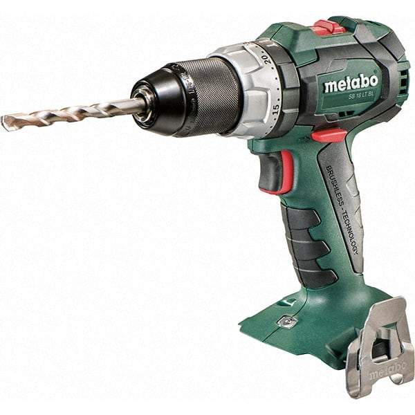 Metabo - 18 Volt 1/16 to 1/2" Keyless Chuck Cordless Hammer Drill - 31950 BPM, 600 to 2,100 RPM, Reversible, Pistol Grip Handle - Industrial Tool & Supply