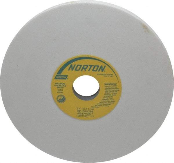 Norton - 8" Diam x 1-1/4" Hole x 1/2" Thick, K Hardness, 100 Grit Surface Grinding Wheel - Aluminum Oxide, Type 1, Fine Grade, 3,600 Max RPM, Vitrified Bond, No Recess - Industrial Tool & Supply