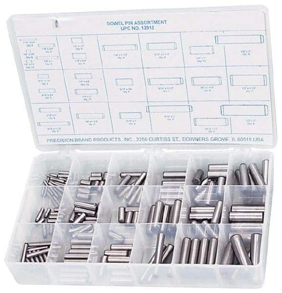 Precision Brand - 176 Piece, 1/16 to 1/2" Pin Diam, Dowel Pin Assortment - 1/2 to 2" Long, Steel, Uncoated - Industrial Tool & Supply