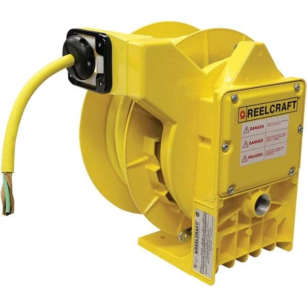 Reelcraft - 12 AWG, 25' Cable Length, Cord & Cable Reel with Flying Lead End - 0 Outlets, NEMA 4, 18 Amps, 600 Volts, SOW Cable, Yellow Reel - Industrial Tool & Supply