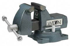 Wilton - 8" Jaw Width x 8-1/4" Jaw Opening Capacity, 4-3/4" Throat Depth, Bench & Pipe Combination Vise - 1/4 to 3-1/2" Pipe Capacity, Swivel Base, Bolt Down Attachment, Ductile Iron - Industrial Tool & Supply