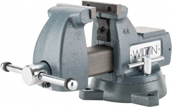 Wilton - 4" Jaw Width x 4-1/2" Jaw Opening Capacity, 3-7/16" Throat Depth, Bench & Pipe Combination Vise - 1/4 to 2" Pipe Capacity, Swivel Base, Bolt Down Attachment, Ductile Iron - Industrial Tool & Supply