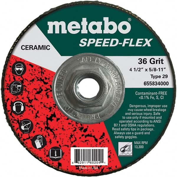 Metabo - 4-1/2" Diam, 5/8-11 Hole, 36 Grit Ceramic Alumina Fiber Disc - Industrial Tool & Supply