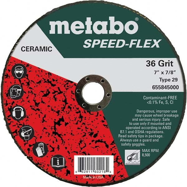 Metabo - 7" Diam, 7/8" Hole, 36 Grit Ceramic Alumina Fiber Disc - Industrial Tool & Supply