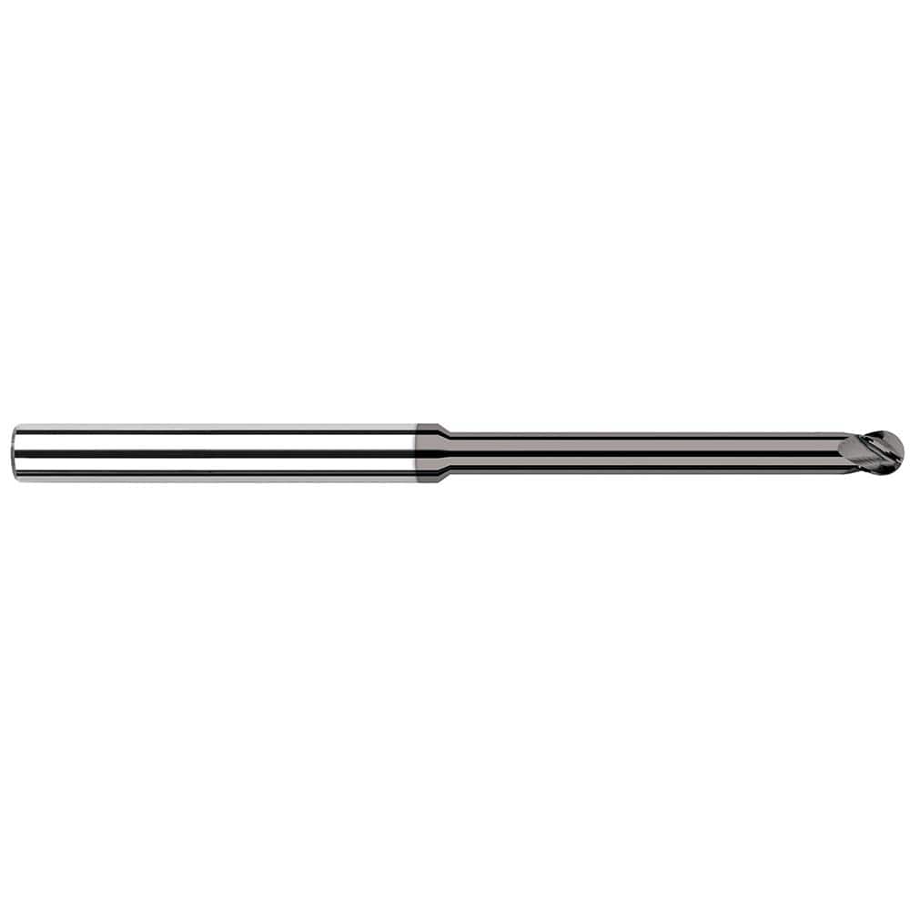 Ball End Mill: 0.047″ Dia, 0.071″ LOC, 4 Flute, Solid Carbide 2-1/2″ OAL, 1/8″ Shank Dia, 30 ° Helix, CVD Coated, Single End